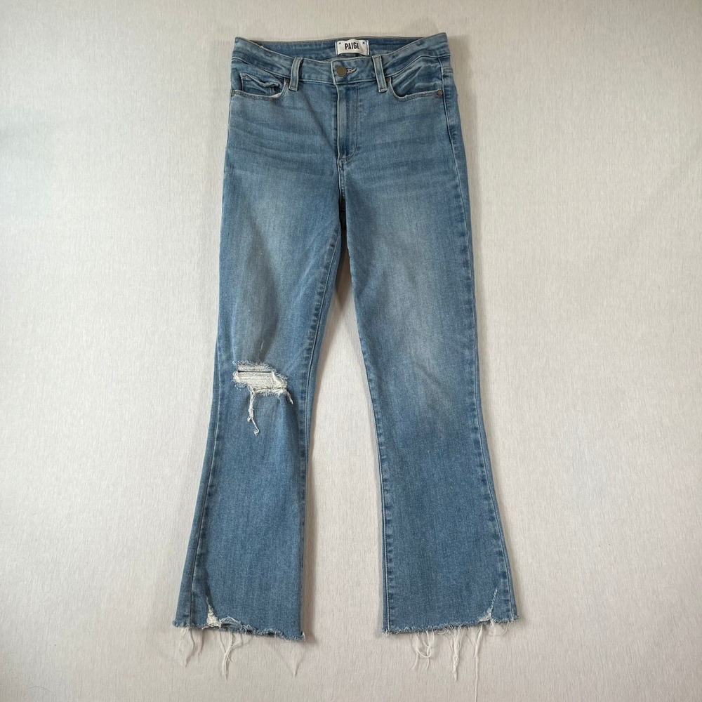 PAIGE Rory Crop Flare Jeans 27 Blue Stretch Distressed Raw Hem 26" Inseam